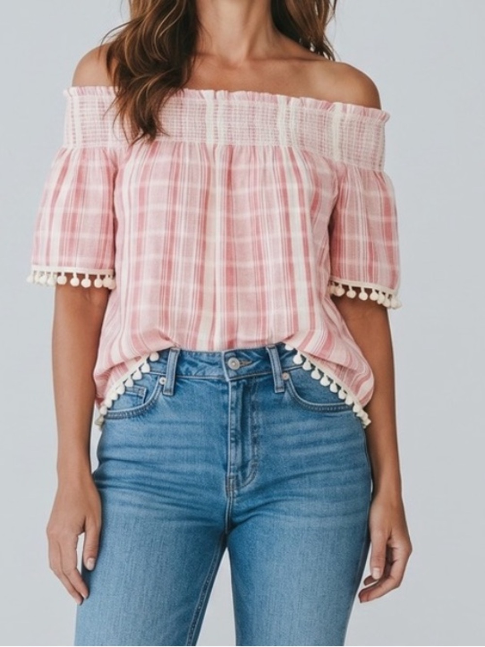 ANTIBES BLANC Off Shoulder Red/Pink Plaid Pom Pom Flowy Small